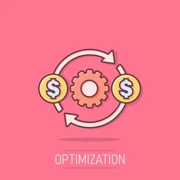 Money optimization icon in comic style. Gear effective cartoon vector illus.. イラスト素材