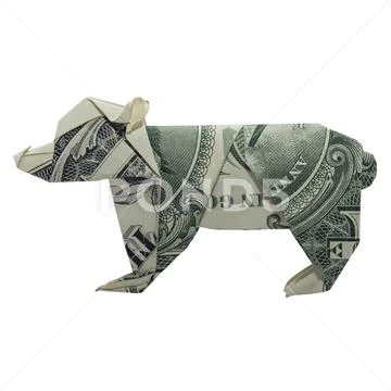 Money Origami BEAR Animal Cub Folded with Real One Dollar Bill Isolated on Wh Stock Photos