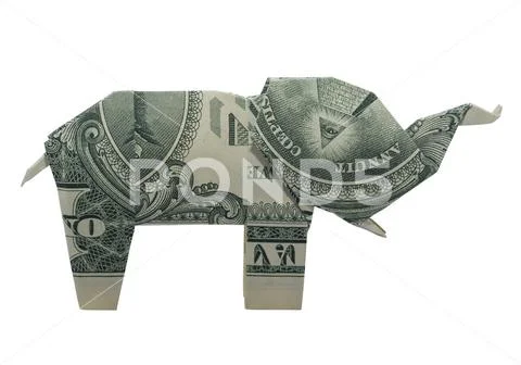 Money Origami Eye ELEPHANT Animal Folded with Real One Dollar Bill Isolated o Stock Photos