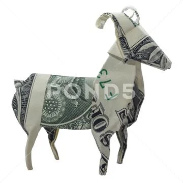 Money Origami RAM Aries Zodiac Animal Folded with Real One Dollar Bill Isolat Stock Photos