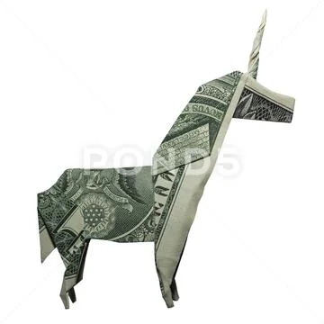 Money Origami UNICORN Mystic Animal Folded with Real One Dollar Bill Isolated Stock Photos