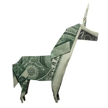 Money Origami UNICORN Mystic Animal Folded with Real One Dollar Bill Isolated Stock Photos