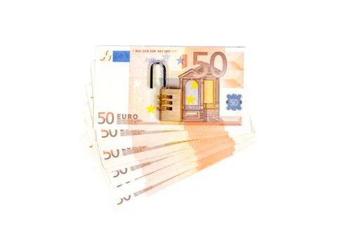 Money with padlock on white background. Stock Photos