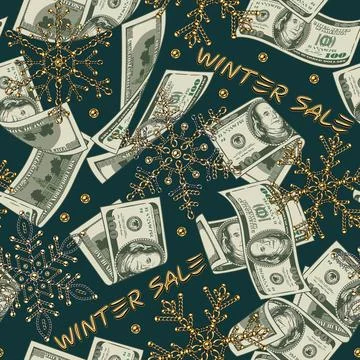 Money pattern with 100 US dollar bills, snowflakes made of jewelry chains Stock Illustration