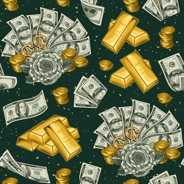 Money pattern with 100 US dollar notes gold ingots Illustrazione stock