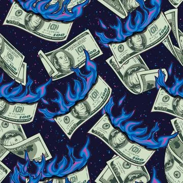Money pattern with burning 100 dollar bills 库存插图