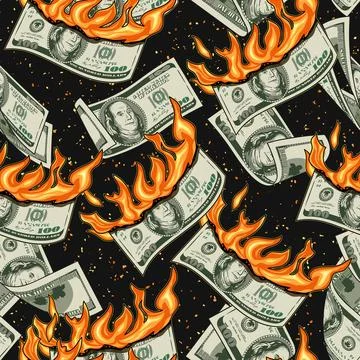 Money pattern with burning 100 dollars bills Stock Illustration