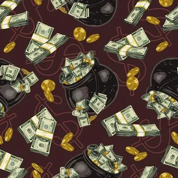 Money pattern with cast iron cauldron full of cash money in vintage style Stock Illustration