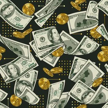Money pattern with dollar bills, gold coins Stock Illustration