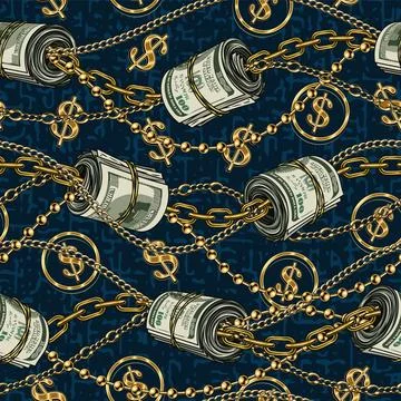 Money pattern with dollar rolls, gold chains Stock Illustration