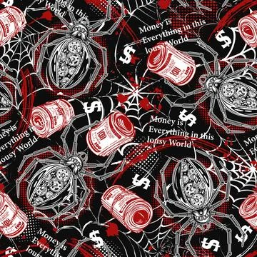 Money pattern in trash polka style with spider, roll of 100 US dollar notes Stock Illustration