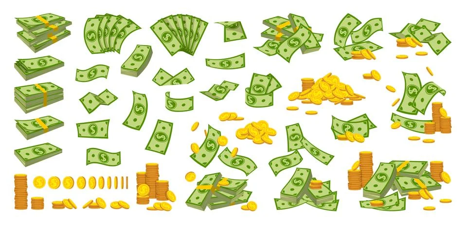 Money pile coin stack flat cartoon set vector Stock Illustration