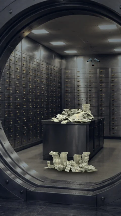 Money piling up in bank vault vertical Stock Footage 345762278