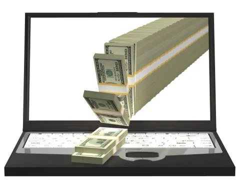 Money Pouring Out From A Notebook Computer. 3D illustration Stock Illustration