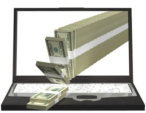 Money Pouring Out From A Notebook Computer 3d render Stock Illustration