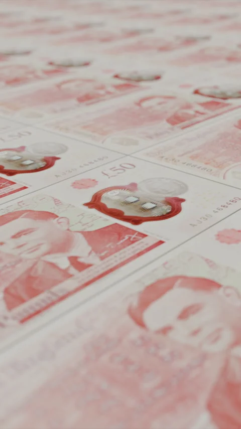Money printed from machine shows 50 pound banknotes Stock Footage 312073497