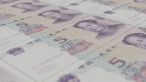 Money printer machine, 5 yuan money banknotes bank notes seamless animation Stock Footage 309793546