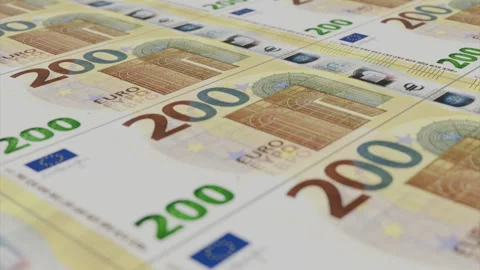 Money printer or printing machine, 200 euro banknote seamless animation Stock Footage 310244351