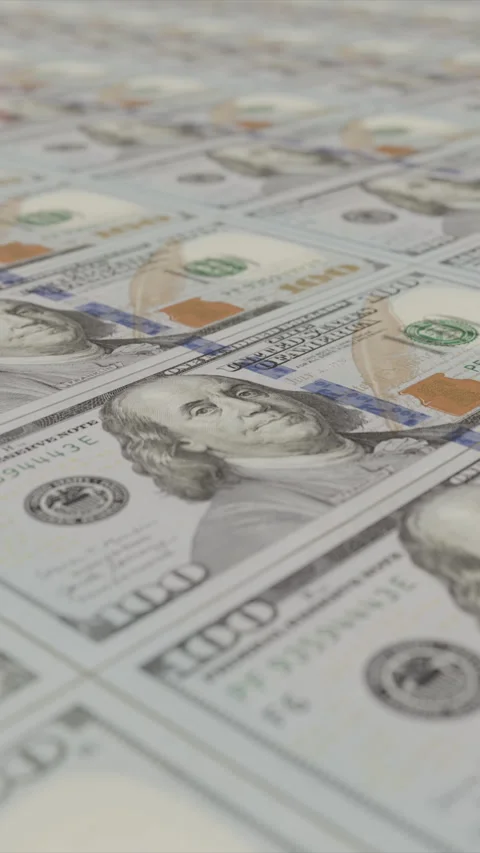 Money printing machine, 100 us dollar banknotes bank notes, inflation, finances Stock Footage 309795271