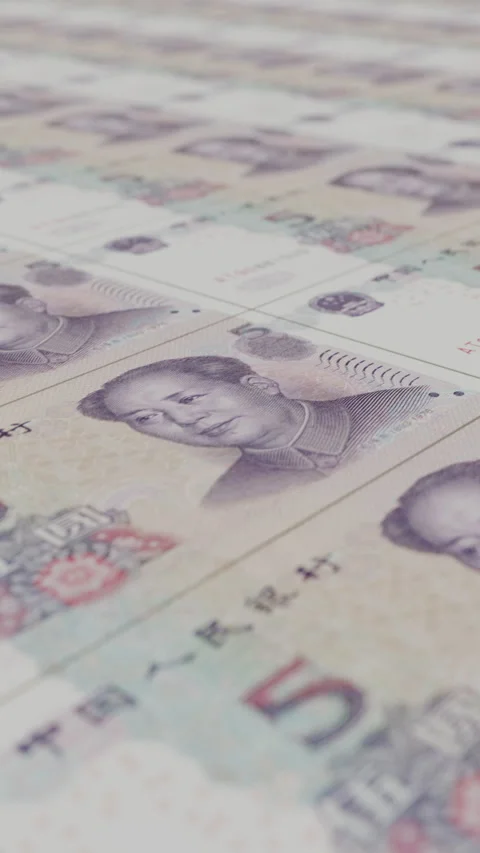 Money printing machine looping animation, five yuan banknotes, finances Stock Footage 309795456