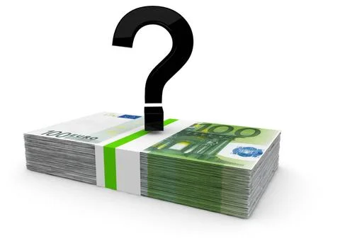 Money problems or solutions a black question mark on a bundle of euro note... Stock Photos