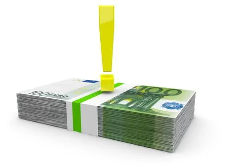 Money problems or solutions a golden exclamation mark on a bundle of euro ... Stock Photos