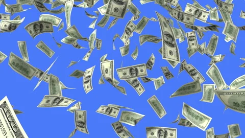 Money Rain, Close-Up Falling 100 Dollar Bills on a Blue Background Stock Footage 295862876