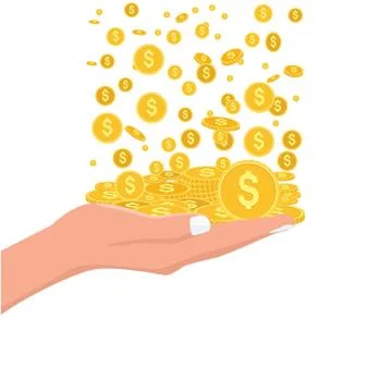 Money rain falling down into hand. Flat and solid color style. Stock Illustration