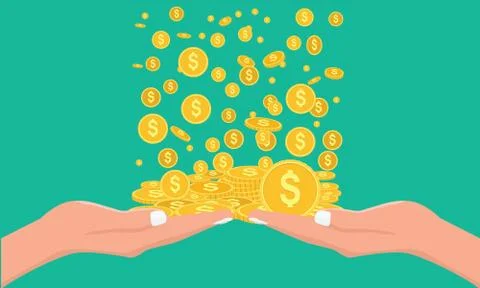Money rain falling down into hand. Flat and solid color style. Stock Illustration