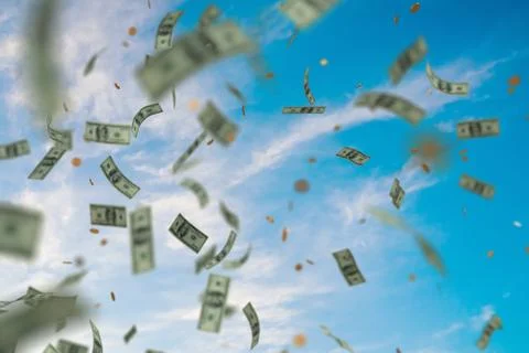 Money raining and falling down from sky. 3D rendered illustration. Stock Illustration