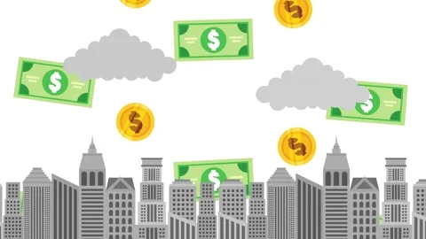 Money raining down on cityscape with falling dollar bills and coins dynamic.. Video stock 338312260
