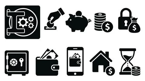 Money saving and financial security vector icons. concepts of bank safe, ha.. Illustrazione stock