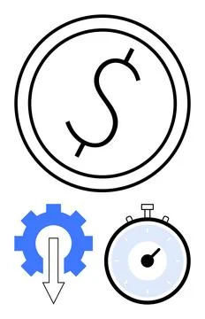 Money Saving and Time Management Concept with Coin, Gear, and Stopwatch Illustrazione stock