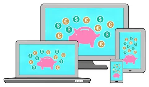 Money saving concept on different devices 스톡 일러스트