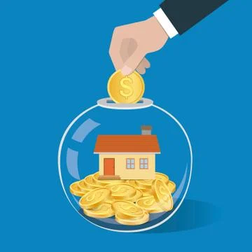 Money saving concept. Hand putting a coin into glass bottle. Stock Illustration