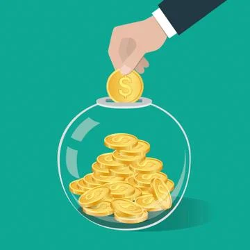 Money saving concept. Hand putting a coin into glass bottle. Stock Illustration