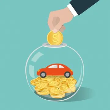 Money saving concept. Hand putting a coin into glass bottle. Stock Illustration