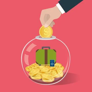 Money saving concept. Hand putting a coin into glass bottle. Stock Illustration