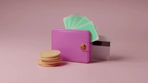 Money Saving concept. Wallet, bill, coins and credit card on pink background Video stock 158082753