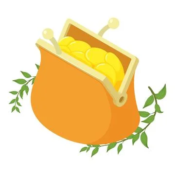 Money saving icon isometric vector. Open retro wallet with coin and green branch Stock Illustration