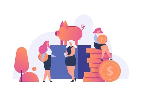 Money saving people flat vector illustration. Golden coins putting into piggy Stock Illustration
