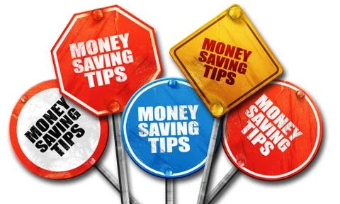 Money saving tips, 3D rendering, rough street sign collection Stock Illustration