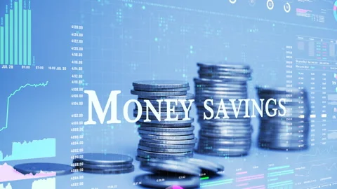 Money savings text on coins stack increase with business data hologram. Stock Footage 283435136