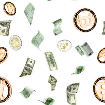 Money seamless pattern background. Hundred dollar, Bitcoin, euro business mon Stock Photos