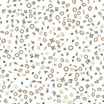 Money seamless pattern background. Hundred dollar, Bitcoin, euro business mon Stock Photos