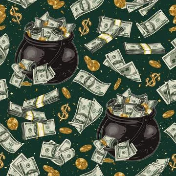 Money seamless pattern with cauldron full of cash money in vintage style Stock Illustration