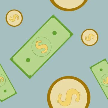 Money seamless pattern. Color background with cash and coins, isolated vector el Stock Illustration