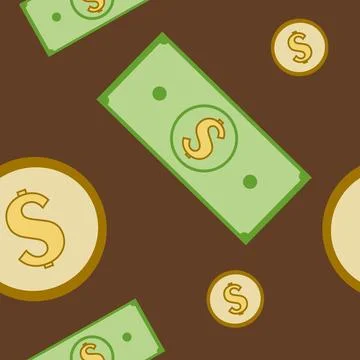 Money seamless pattern. Color background with cash and coins, isolated vector el Stock Illustration