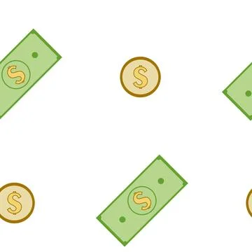 Money seamless pattern. Color background with cash and coins, isolated vector el Stock Illustration