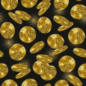 Money seamless pattern with falling shiny gold coins, dotty halftone circles Stockillustratie